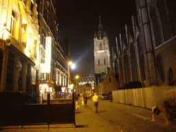 The Klein Turkije street, the north side of the Sint-Niklaaskerk church and the Belfry of Ghent, by night