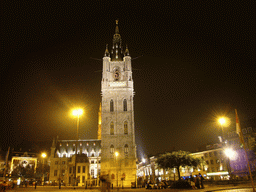 The Belfry of Ghent and the Lakenhalle building, viewed from the Emile Braunplein square, by night