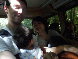 Tim, Miaomiao and Max in the shuttle bus from the parking lot to the entrance of the Bali Safari & Marine Park