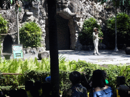 Zookeeper and birds at the Hanuman Stage at the Bali Safari & Marine Park, during the Animal Show