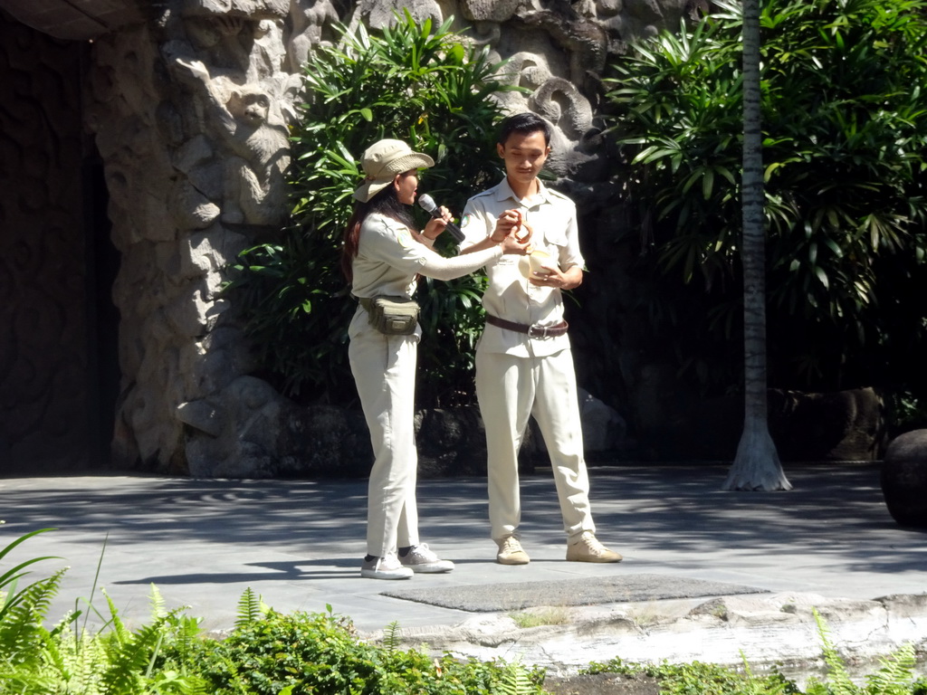 Zookeepers and a bird at the Hanuman Stage at the Bali Safari & Marine Park, during the Animal Show
