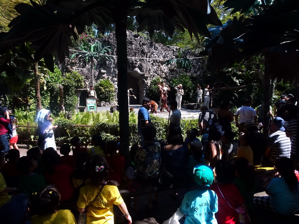 Zookeepers, Orangutans, a Toucan and a Binturong at the Hanuman Stage at the Bali Safari & Marine Park, during the Animal Show