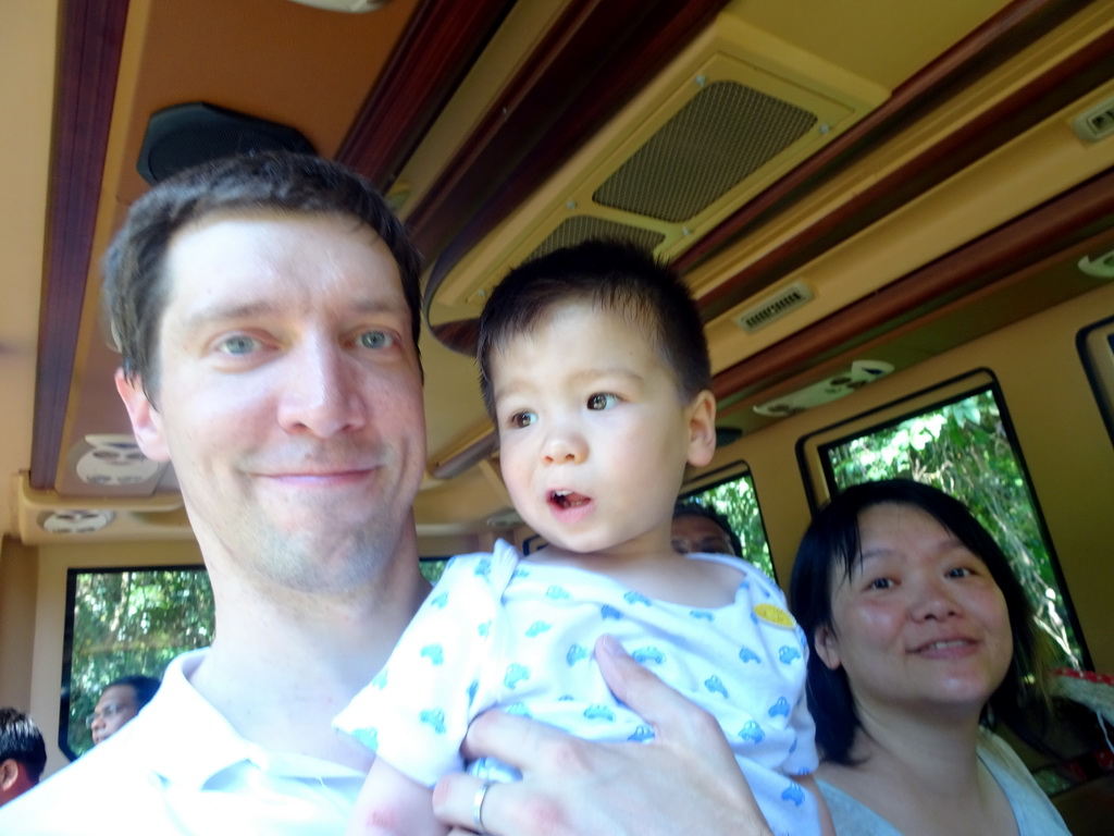 Tim, Miaomiao and Max in the safari bus at the Bali Safari & Marine Park