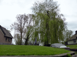 Trees, houses and a boat at the Binnenpad canal, viewed from our tour boat