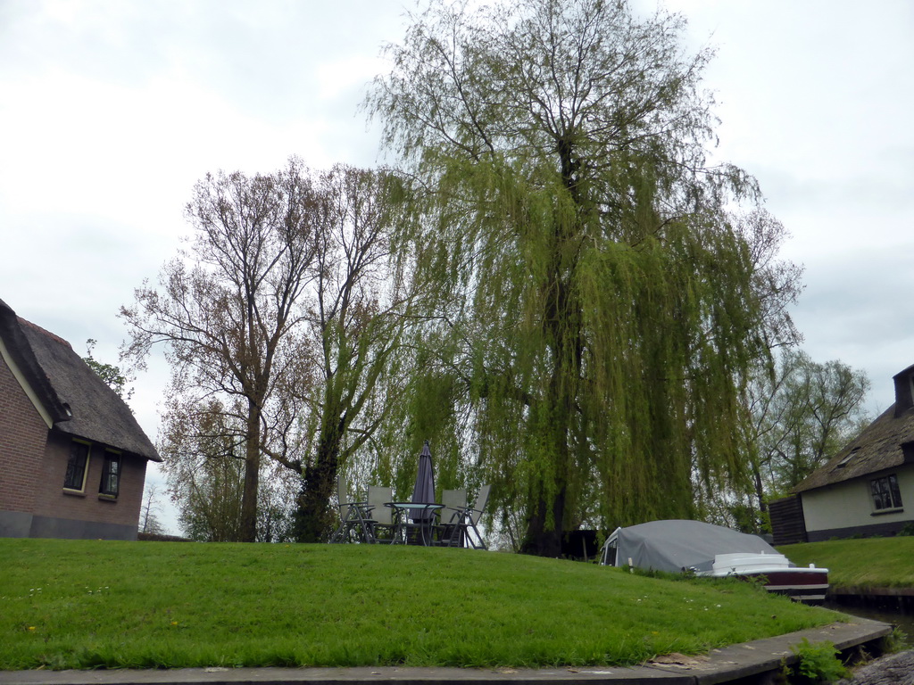 Trees, houses and a boat at the Binnenpad canal, viewed from our tour boat