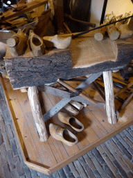 Wooden shoes and carpentry equipment at the Hooiberg room of the `t Olde Maat Uus museum