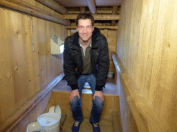 Tim on an old toilet at the Stable of the `t Olde Maat Uus museum