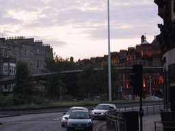 Street with houses, at sunset