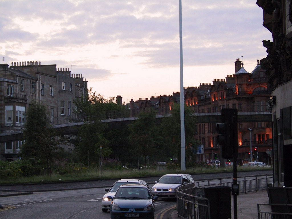 Street with houses, at sunset