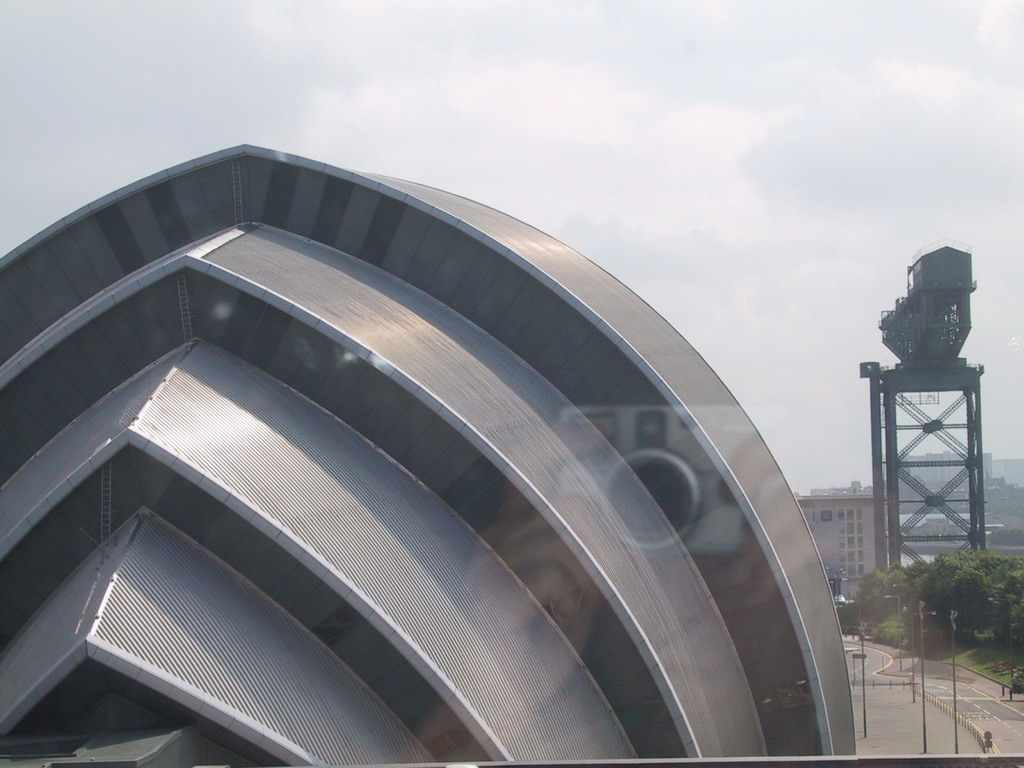 The Clyde Auditorium of the Scottish Exhibition and Conference Centre (SECC) and the Finnieston Crane, viewed from the Crowne Plaza Hotel Glasgow