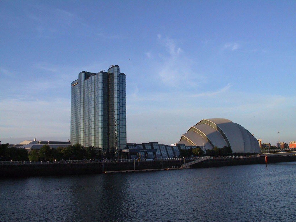 The Crowne Plaza Hotel Glasgow, the Clyde Auditorium of the Scottish Exhibition and Conference Centre and the River Clyde, viewed from the Glasgow Science Centre