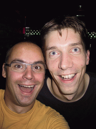 Tim with a friend in the Bride of Frankenstein pub at the city center