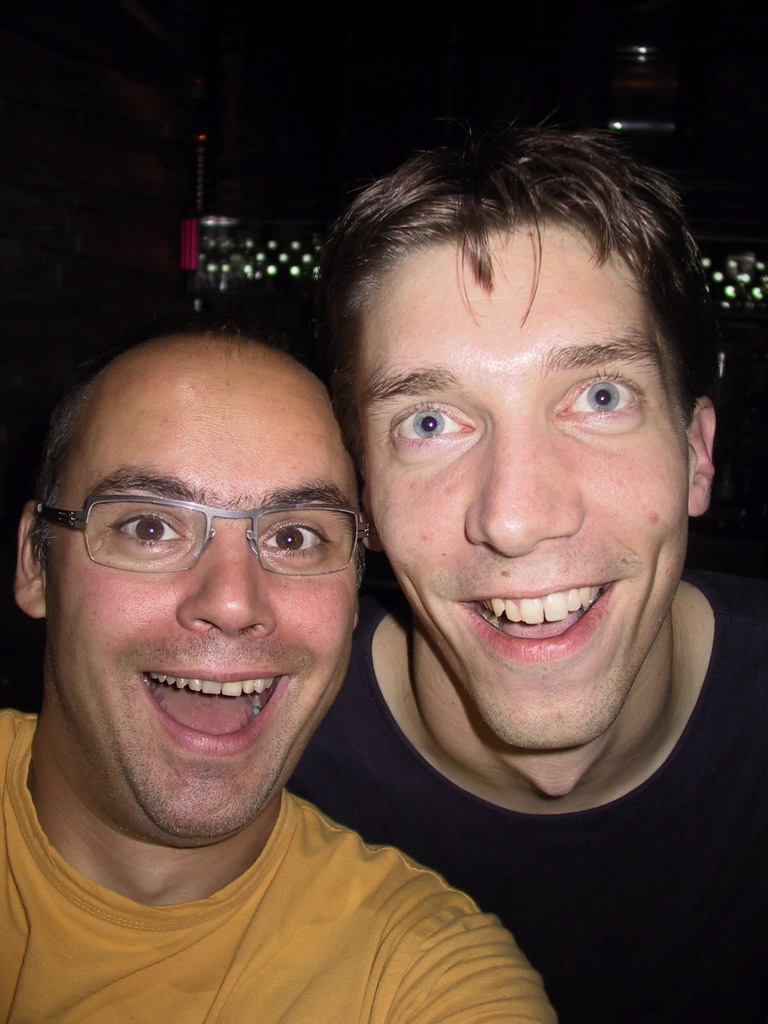 Tim with a friend in the Bride of Frankenstein pub at the city center