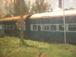 Train at the Karmali railway station, viewed from the Konkan Express train from Mumbai