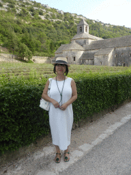 Miaomiao with the lavender fields and the north side of the Abbaye Notre-Dame de Sénanque abbey