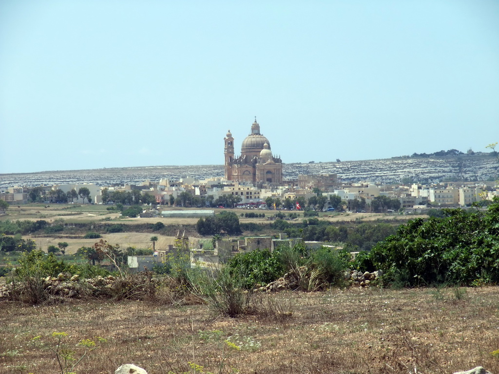 The town of Xewkija with the Church of St. John the Baptist, viewed from the Ggantija neolithic temples