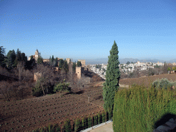 The Alhambra palace and the city of Granada, viewed from the Jardines Nuevos gardens at the Palacio de Generalife