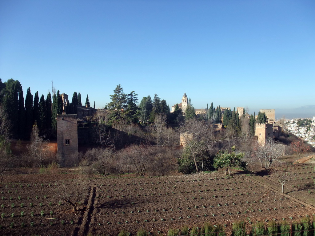 The Alhambra palace, viewed from the Jardines Nuevos gardens at the Palacio de Generalife