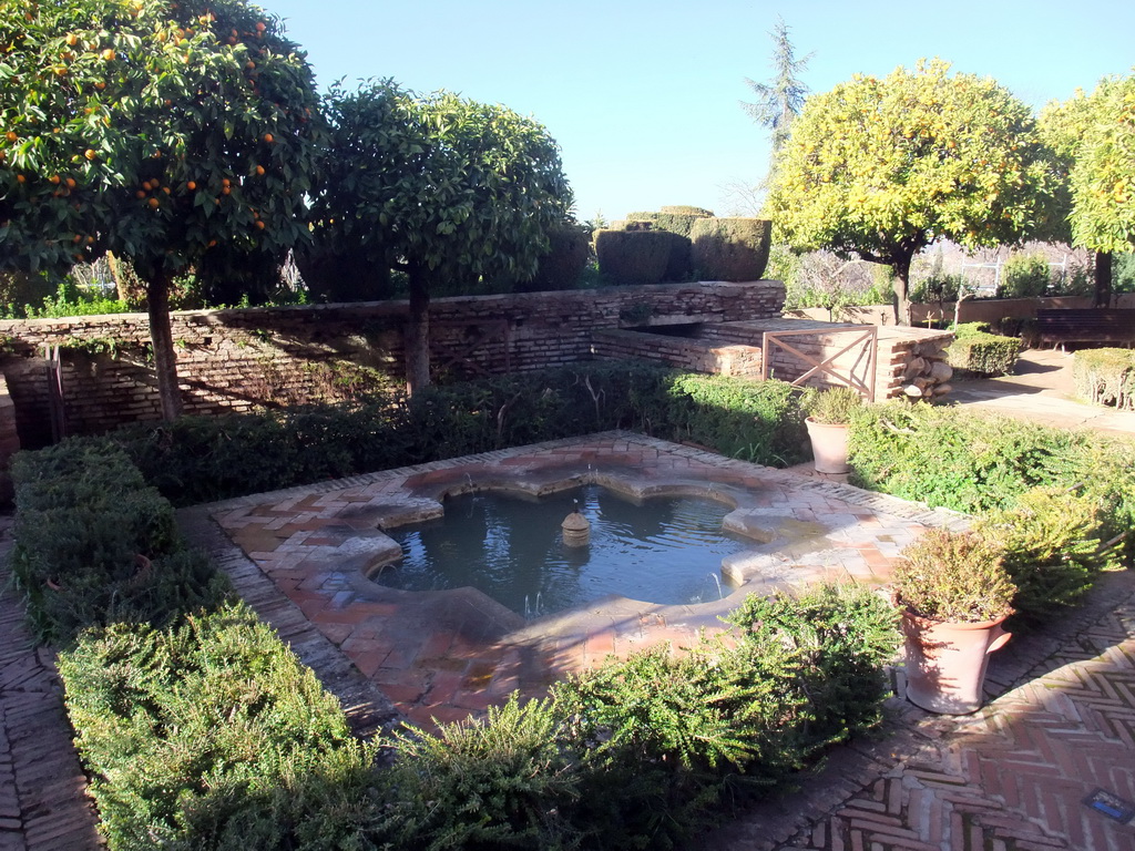 Pond, fountains and trees at the Jardines Nuevos gardens at the Palacio de Generalife