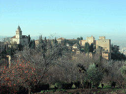 The Alhambra palace, viewed from the Patio de la Acquia courtyard at the Palacio de Generalife