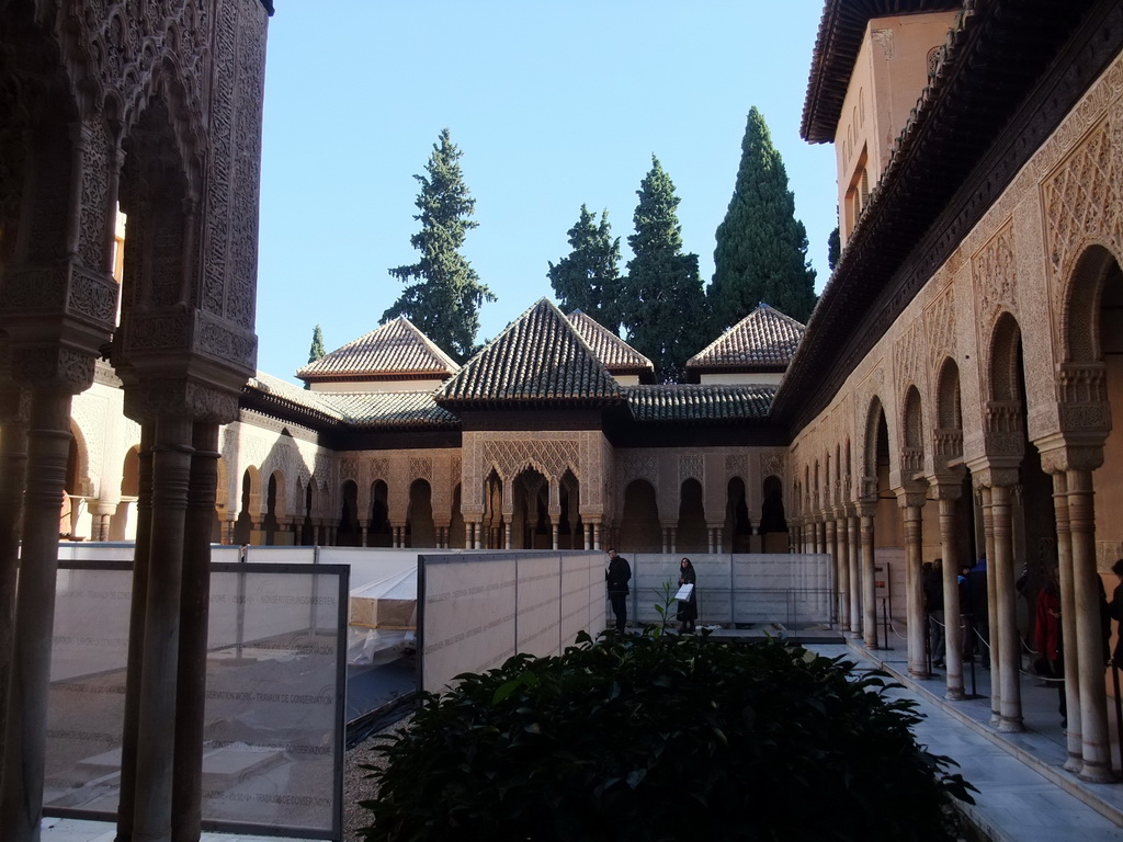 The Patio de los Leones courtyard, under renovation, at the Alhambra palace