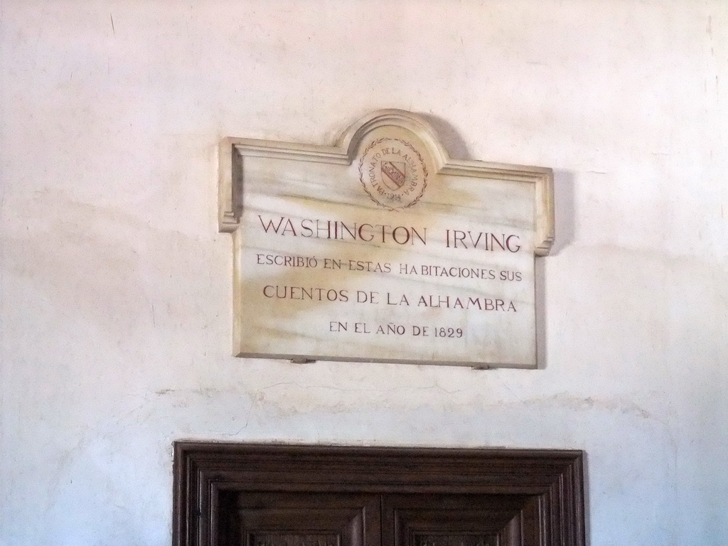 Plate about Washington Irving, at the chambers of Charles V at the Alhambra palace