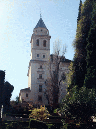 The Iglesia de Santa María church and the Jardines del Partal gardens at the Alhambra palace