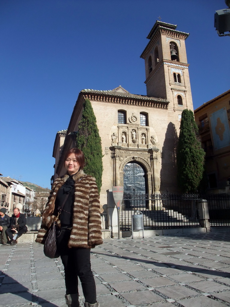 Miaomiao and the Iglesia de San Gil y Santa Ana church at the Plaza de Santa Ana square