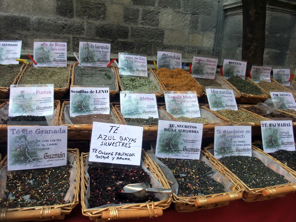 Street stalls with herbs at the northeast side of the Granada Cathedral, at the Calle de la Cárcel Baja street