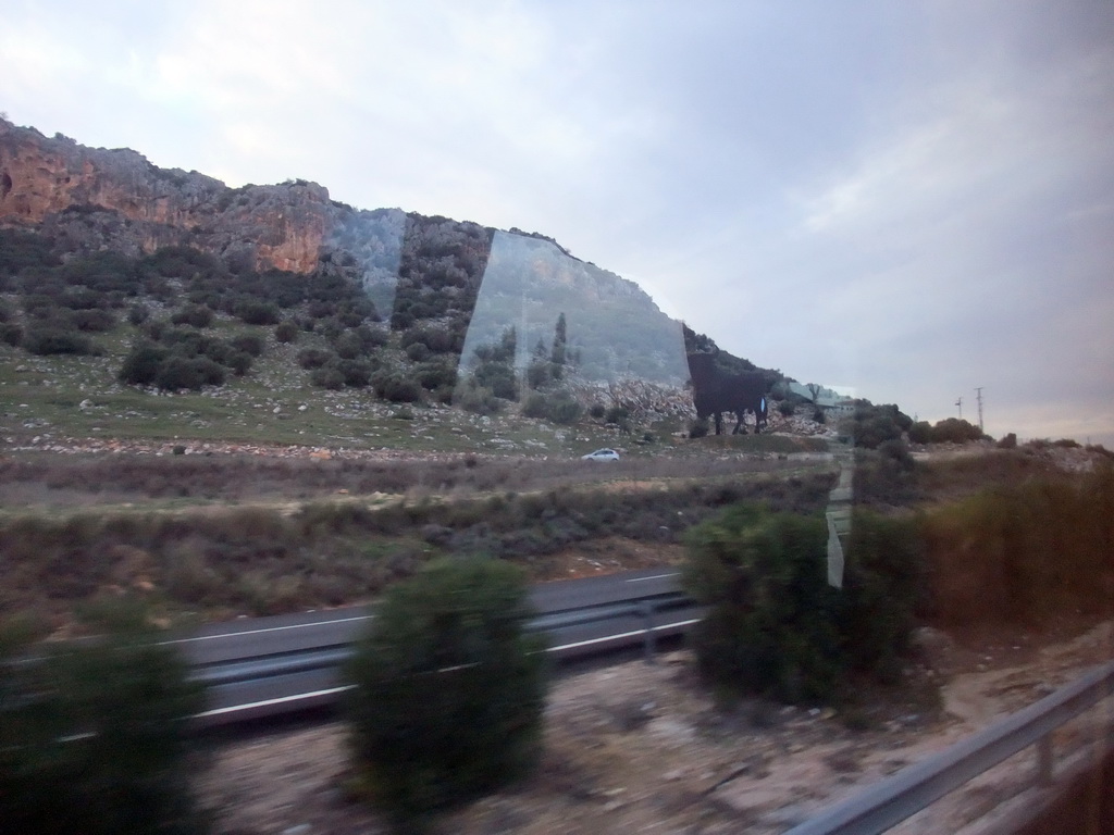 Osborne Bull sign next to the road, viewed from our tour bus from Granada to Seville