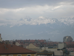 View on mountains and nearby houses from window of David`s apartment