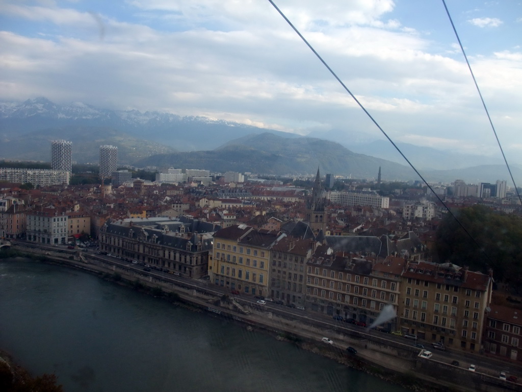 View on the Isère river and the city center from the cable lift from the Bastille
