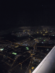 View on Amsterdam and surroundings from our airplane from Strasbourg to Amsterdam, by night