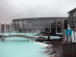 Bridge and the outside of the Blue Café at the Blue Lagoon geothermal spa