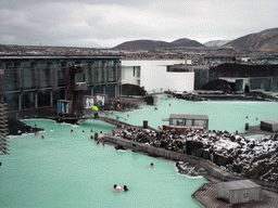 Overview of the Blue Lagoon geothermal spa, from the top of the LAVA Restaurant