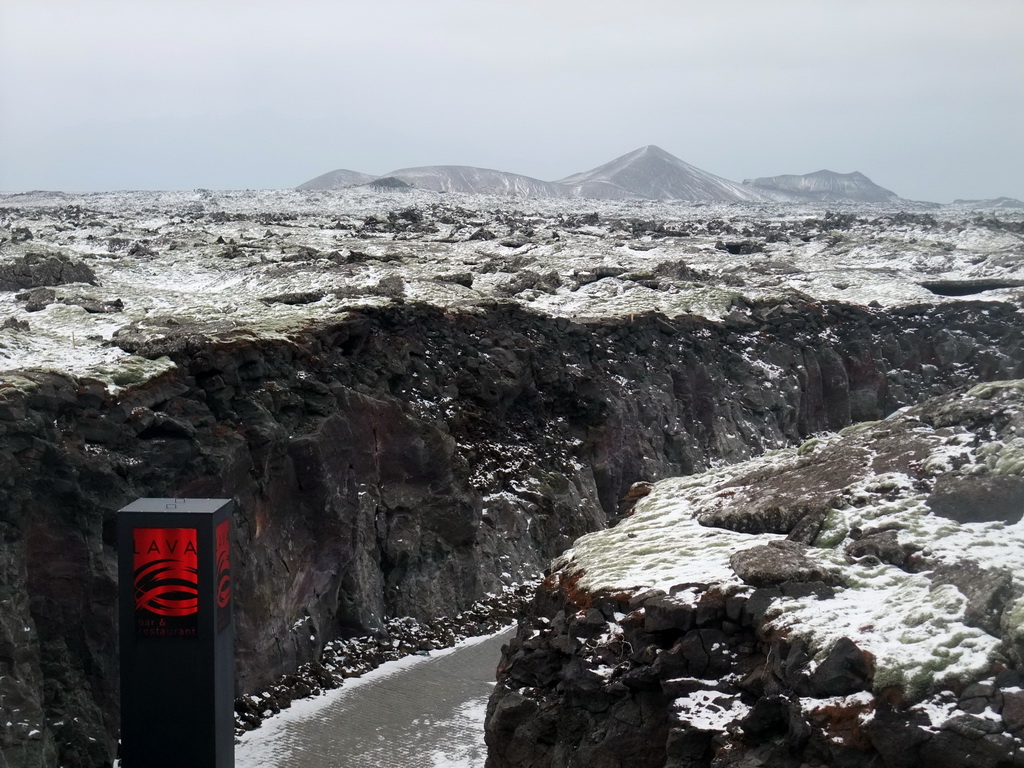 Rocks and mountains, viewed from the top of the LAVA Restaurant at the Blue Lagoon geothermal spa