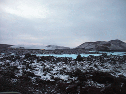 The Svartsengi Power Station and the water just outside the Blue Lagoon geothermal spa, viewed from the rental car