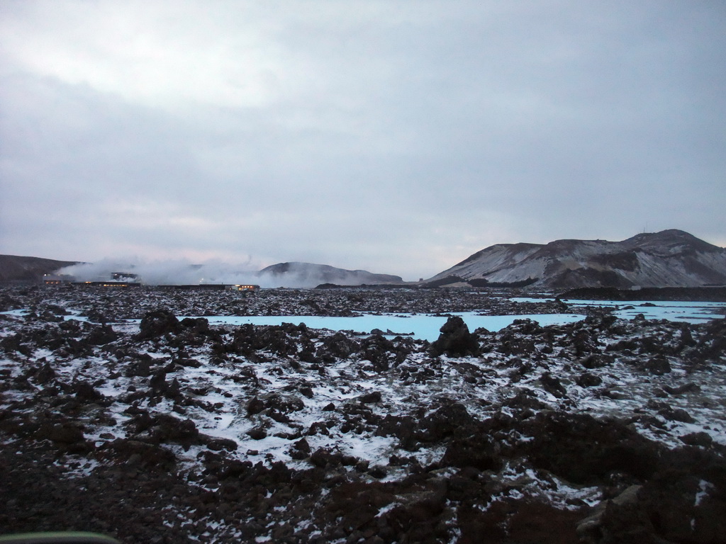 The Svartsengi Power Station and the water just outside the Blue Lagoon geothermal spa, viewed from the rental car