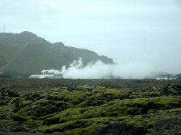 The Svartsengi Power Station and the Blue Lagoon geothermal spa, viewed from the rental car on the Grindavíkurvegur road