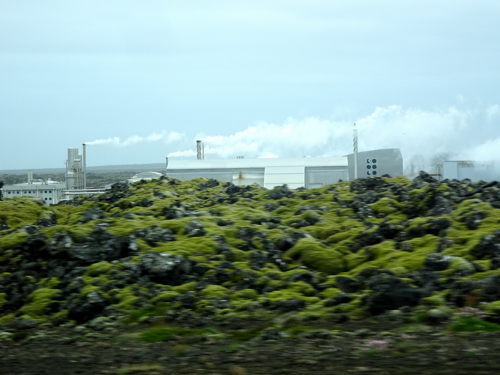 The Svartsengi Power Station, viewed from the rental car on the Grindavíkurvegur road