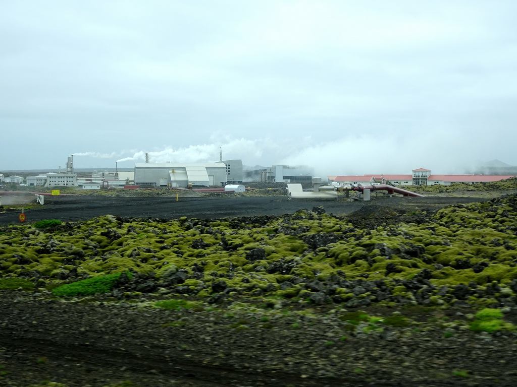 The Svartsengi Power Station and the Blue Lagoon geothermal spa, viewed from the rental car on the Grindavíkurvegur road