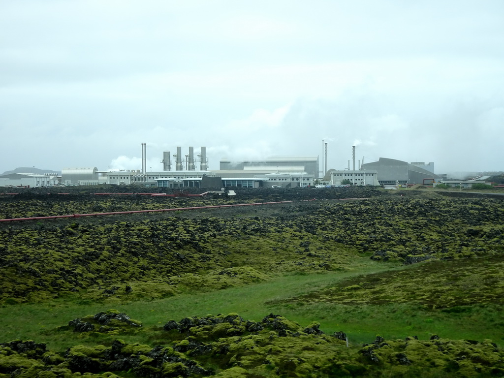 The Svartsengi Power Station and the Blue Lagoon geothermal spa, viewed from the rental car on the Grindavíkurvegur road