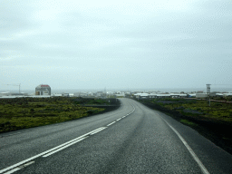 The Grindavíkurvegur road and the north side of town, viewed from the rental car