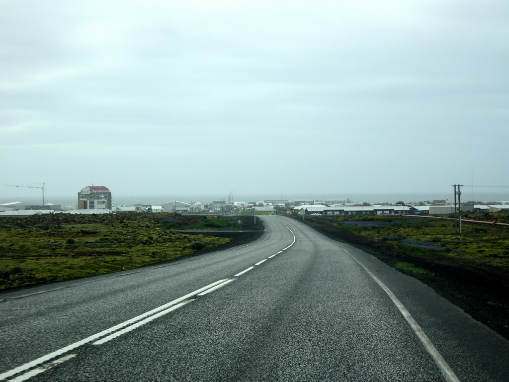 The Grindavíkurvegur road and the north side of town, viewed from the rental car