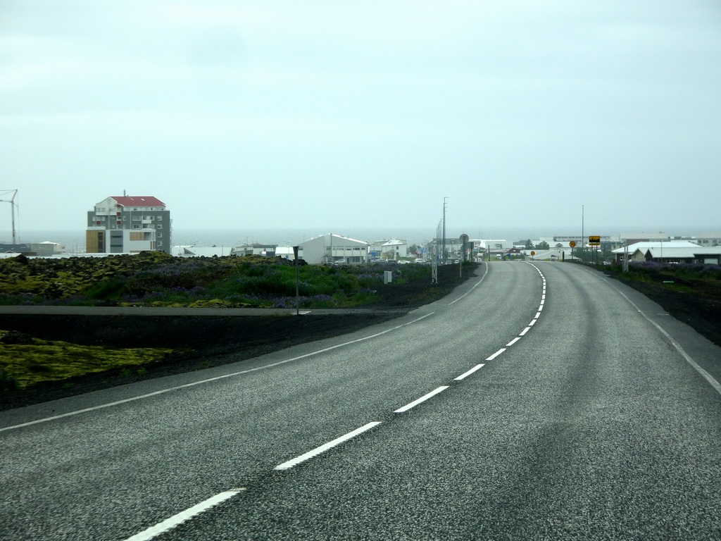 The Grindavíkurvegur road and the north side of town, viewed from the rental car