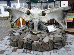 Blue Whale skull in front of the Fish House restaurant at the Hafnargata street, with explanation