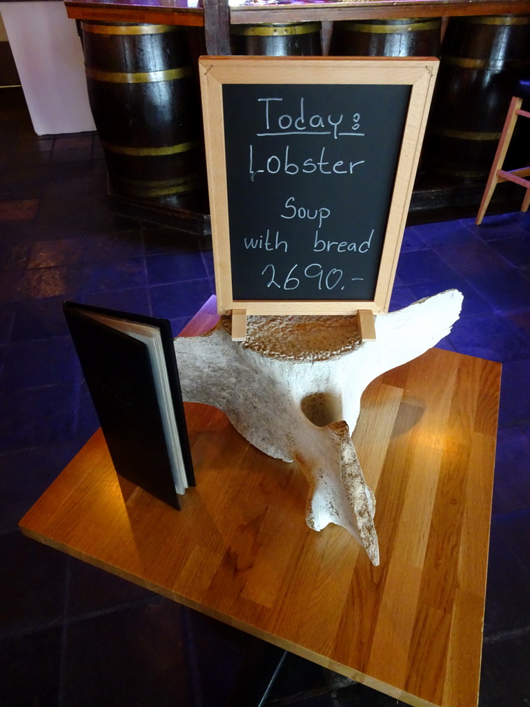 Whale vertebrae and menu in the Fish House restaurant