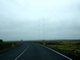 Broadcast towers and the Nordurljosavegur road, viewed from the rental car