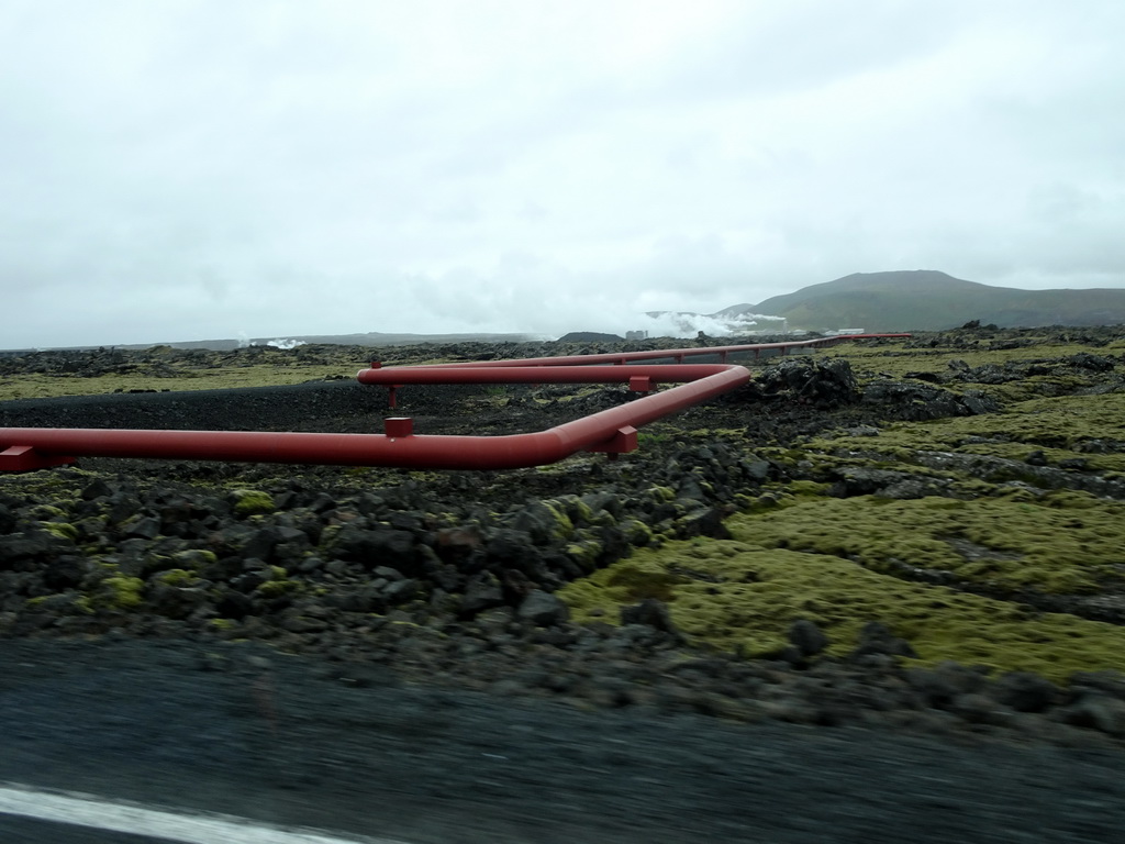 Pipes from the Svartsengi Power Station, viewed from the rental car on the Nordurljosavegur road