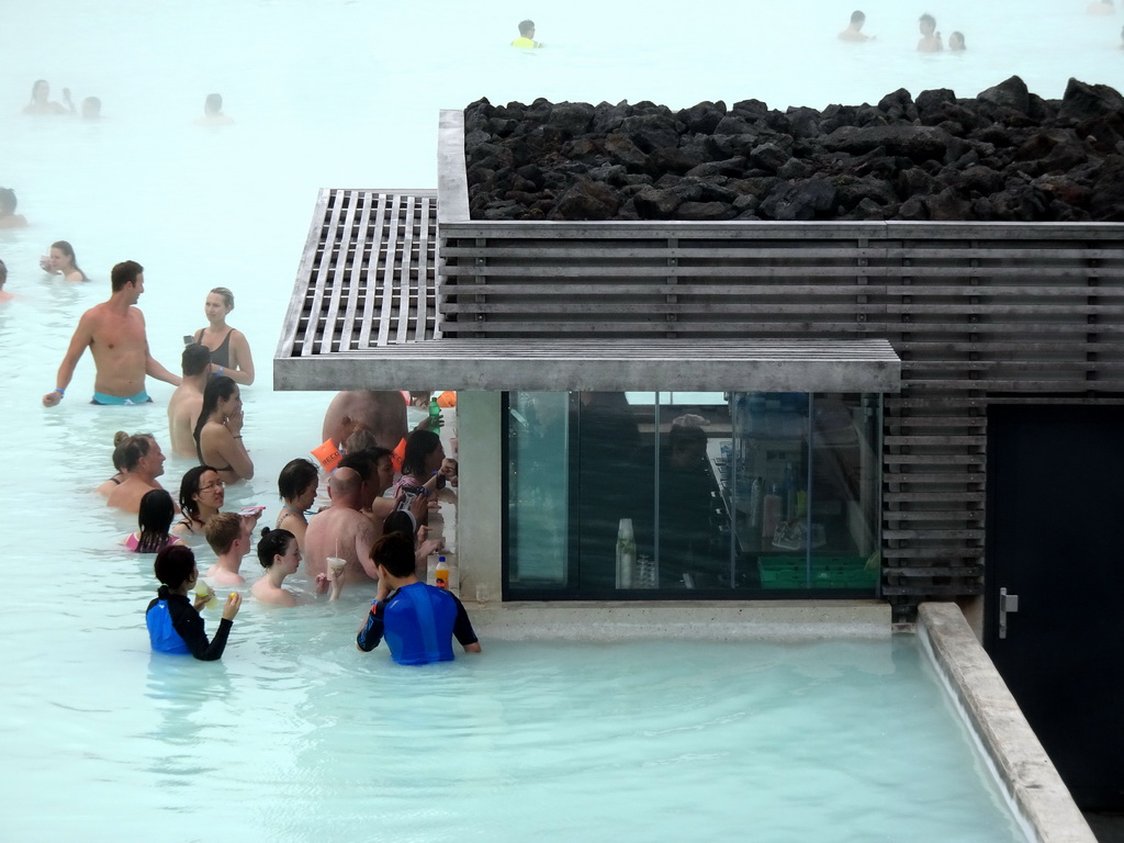 Outdoor bar at the Blue Lagoon geothermal spa, viewed from the upper floor of the main building